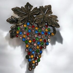 Vintage Multicolored Rhinestone & Gold Tone Cluster of Grapes Brooch